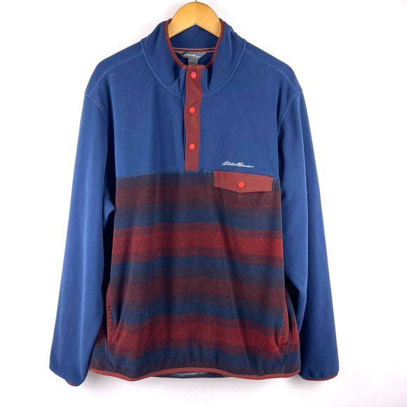 Eddie Bauer Navy Red Jacket Pullover Fleece Chutes Mock Neck Snap Button Mens XL - Picture 1 of 9